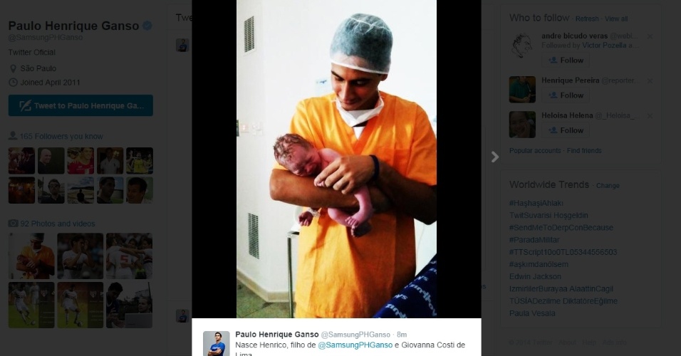 Paulo Henrique Ganso exibe, em seu Twitter, seu segundo filho, Henrico