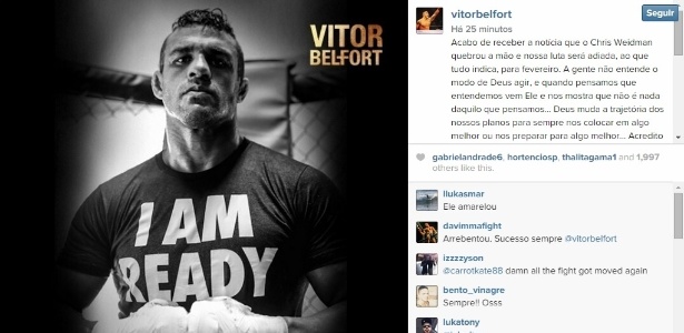 Vitor Belfort anuncia que luta contra Chris Weidman foi adiada  - Reprodução/Instagram