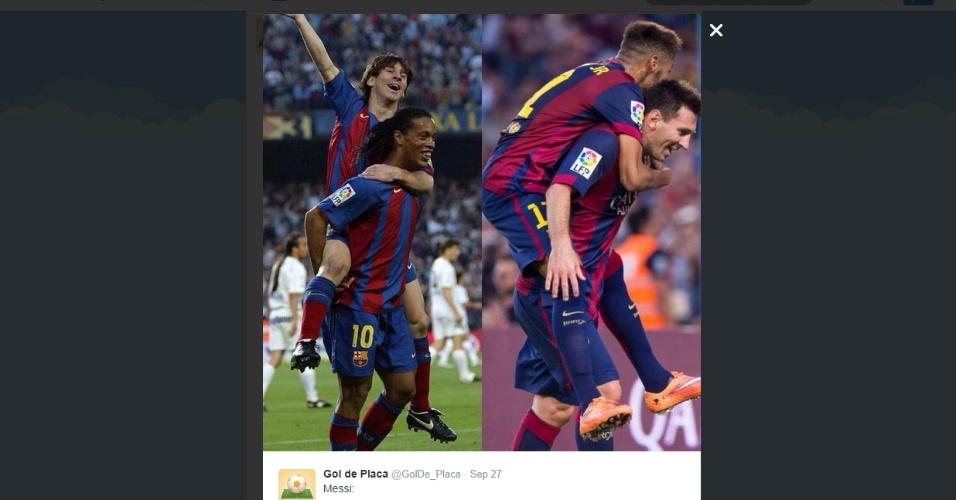 Reprodução de montagem que correu a internet com uma comparação entre as comemorações de Messi e Ronaldinho e Messi e Neymar