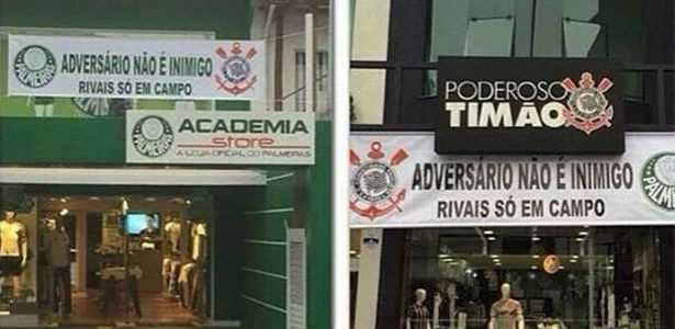 Lojas oficiais de Palmeiras e Corinthians exibem símbolo do rival em ação pela paz - Divulgação / Academia Store