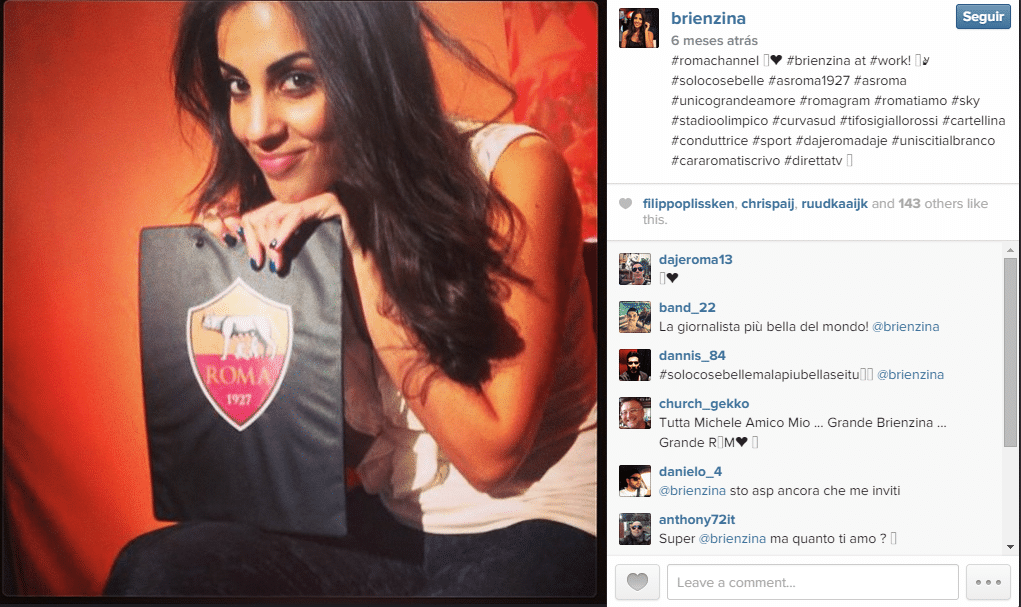 Francesca Brienza, de 28 anos, era apenas apresentadora da Roma TV. Agora, ela ampliou seu laço com o clube: ela namora o técnico do time, Rudi Garcia - Reprodução/Instagram