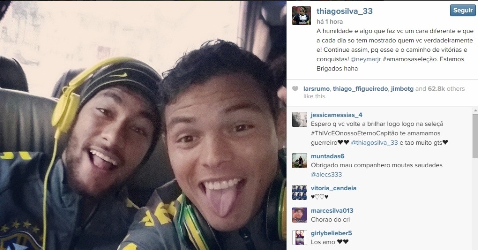 17.11.2014 - Thiago Silva publica foto com Neymar no Instagram e brinca com polêmica: 
