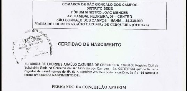 Certidão de nascimento usada por Fernando Baiano no Inter - Reprodução - Reprodução