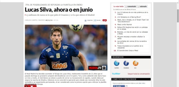 Jornal Marca anuncia que Real Madrid irá contratar para 2015, volante Lucas Silva do Cruzeiro - Reprodução/Jornal Marca