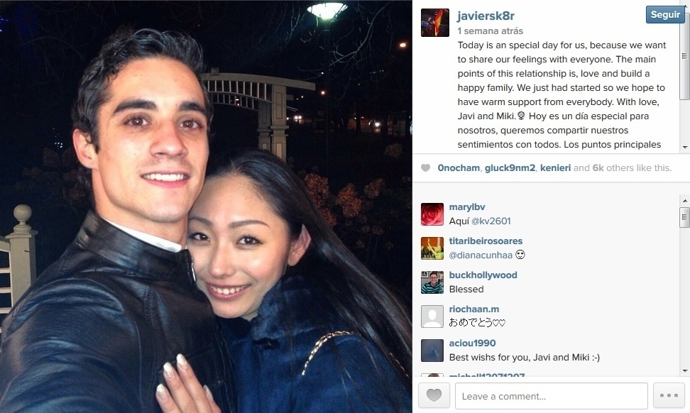 Miki Ando, a rebelde da patinação artística no gelo, com o namorado, o também patinador Javier Fernandez - Reprodução/Instagram