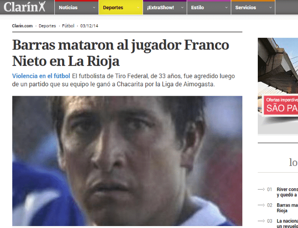 Jogador de futebol Franco Nieto foi morto após uma confusão na Argentina - Reprodução