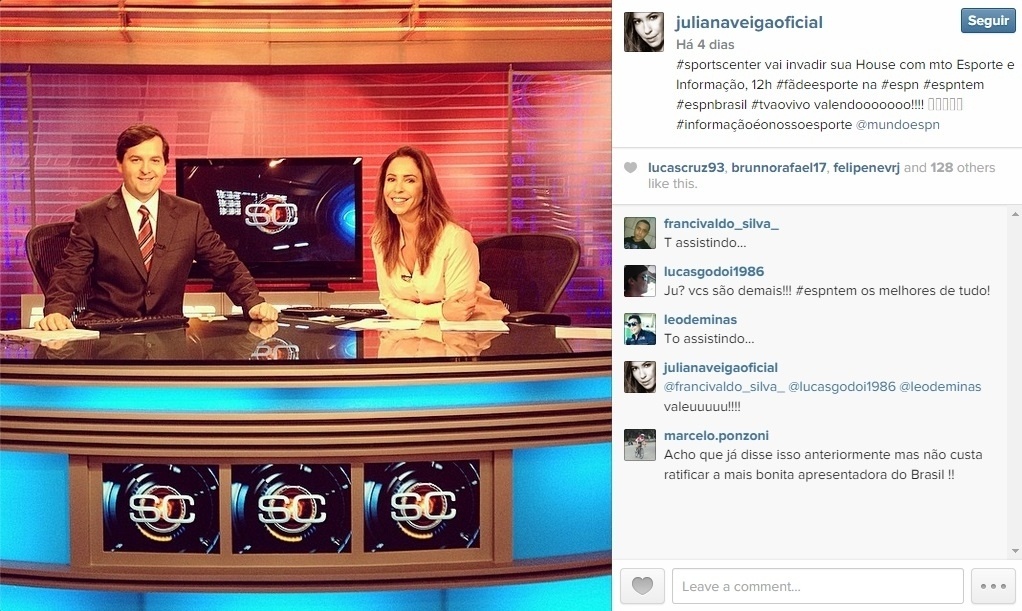 Juliana Veiga apresenta o Sportcenter ao lado de Dudu Monsanto - Reprodução/Instagram