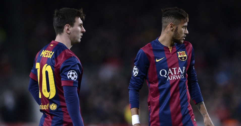 Messi e Neymar durante do jogo do Barcelona na Liga dos Campeões