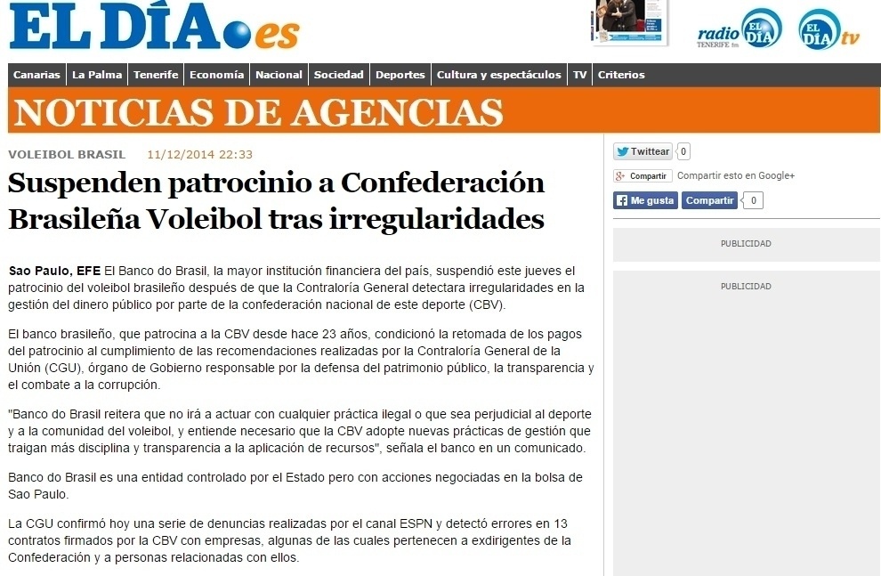 Site espanhol El Día dá destaque à suspensão do patrocínio após a constatação de irregularidades