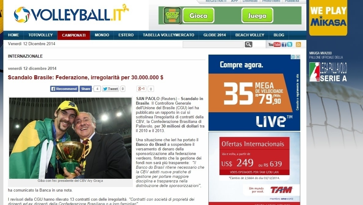 Site italiano especializado na modalidade voleyball.it fala em escândalo