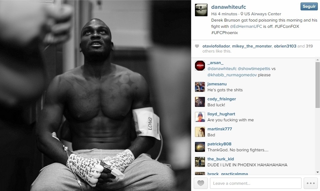 13.dez.2014 - Derek Brunson recebe soro após passar por problemas estomacais, em foto publicada pelo presidente do UFC, Dana White. Brunson, que lutaria contra Ed Herman, na quinta luta da noite, já pediu desculpas por não lutar e se ofereceu para remarcar o combate - Reprodução/Instagram