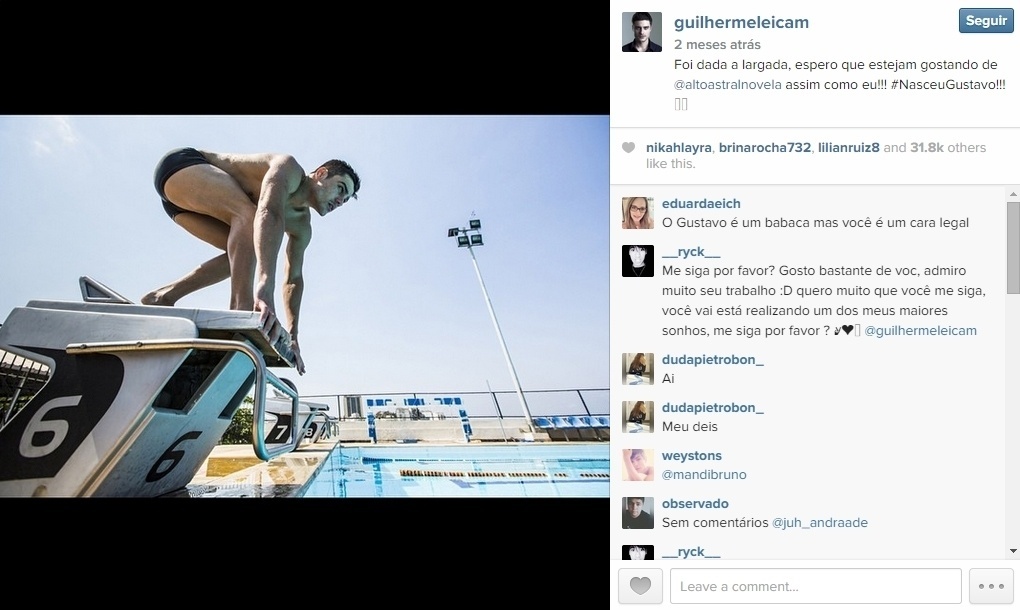 Guilherme Leicam comemora o início da novela Alto Astral, da TV Globo, na qual vive o nadador Gustavo - Reprodução/Instagram