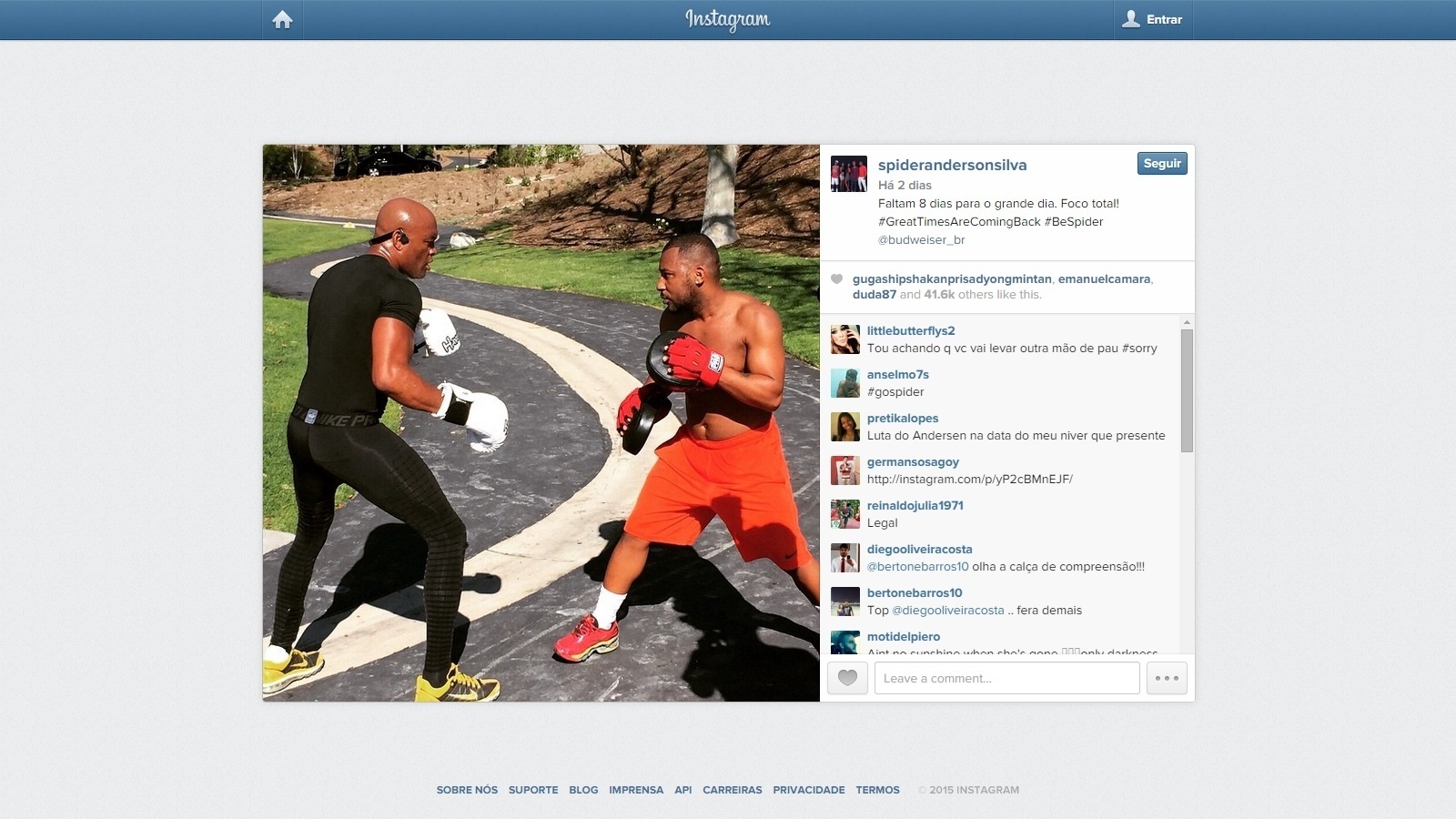 Ainda na sexta-feira (23), Anderson Silva divulgou uma foto treinando com seu sparring para o retorno ao octógono - Instagram/Reprodução