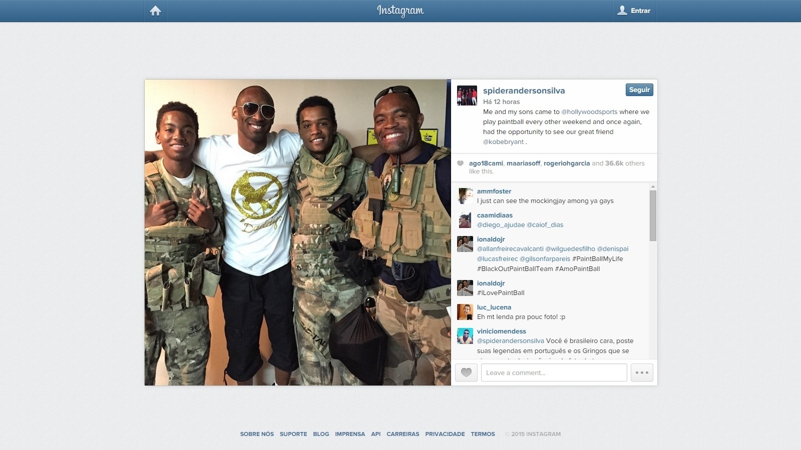 No sábado (24), Anderson Silva e os filhos se encontraram com Kobe Bryant, astro da NBA, em meio a uma disputa de paintball - Instagram/Reprodução