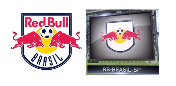 Escudo original do Red Bull Brasil e versão alterada pela Globo/Sportv em amistoso - Montagem/Reprodução Sportv - Montagem/Reprodução Sportv