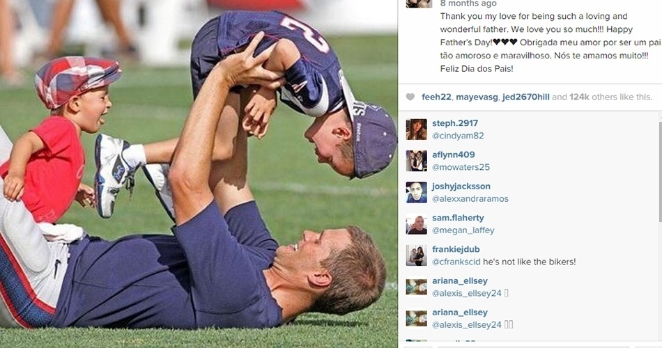 Até no dia dos pais, Gisele posta fotos de Brady com os filhos vestidos com roupas dos Patriots 