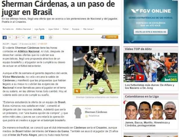 Cárdenas estaria na mira do Cruzeiro, segundo jornal da Colômbia - Reprodução Internet