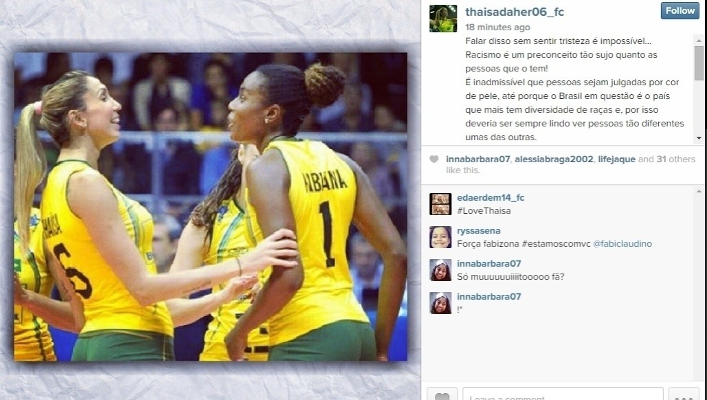 Companheira de Fabiana na Seleção e jogadora do Osasco, Thaísa também demonstrou indignação