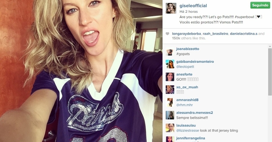 Com camisa estilizada, Gisele já está na torcida pelo marido no Super Bowl