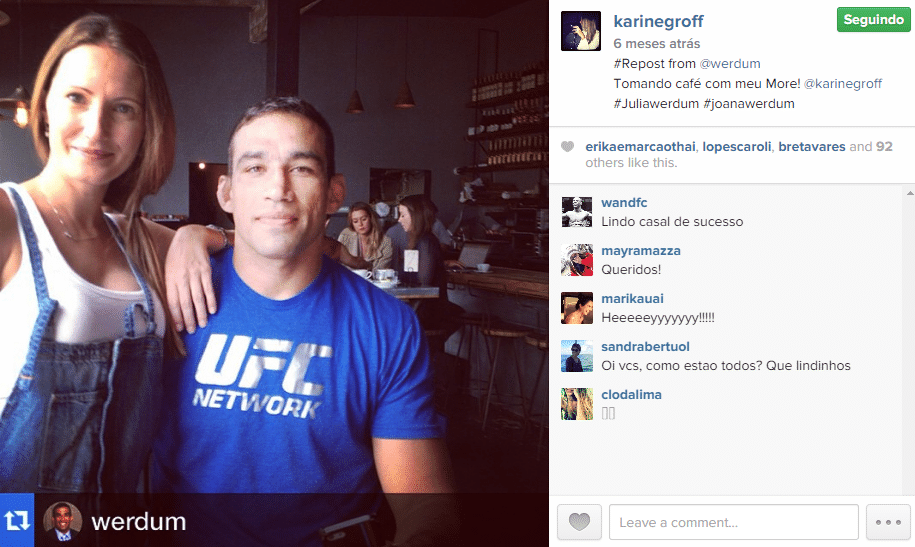 Karine não vê as lutas de Fabrício Werdum, para evitar a tensão. Assim, vai ao shopping, passeia com as filhas ou faz atividades domésticas para nem saber quando Werdum pisa no octógono - Reprodução/Instagram