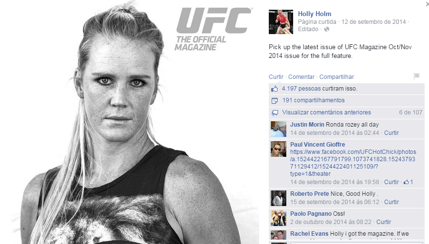 Depois de ter marcada a estreia no UFC para 2014, Holm teve de adiar a data, por lesão, mas começa sua jornada no UFC 184, contra Raquel Pennington - Reprodução/Facebook