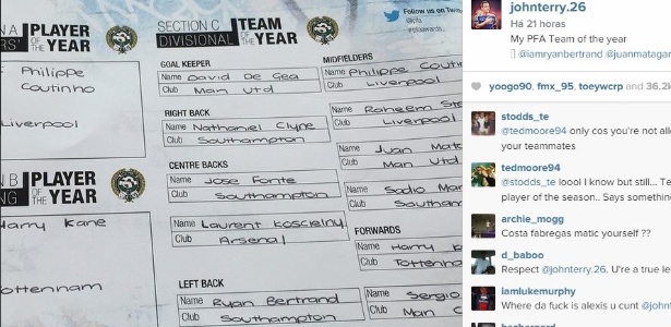 John Terry divulga seus votos para os melhores do Campeonato Inglês - Reprodução/Instagram