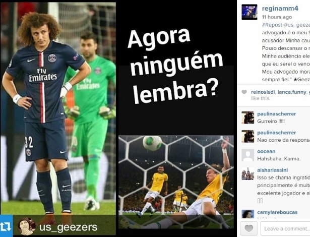 Regina, mãe de David Luiz, postou nas redes sociais imagens defendendo o filho após derrota do PSG contra o Barça - Reprodução/Instagram