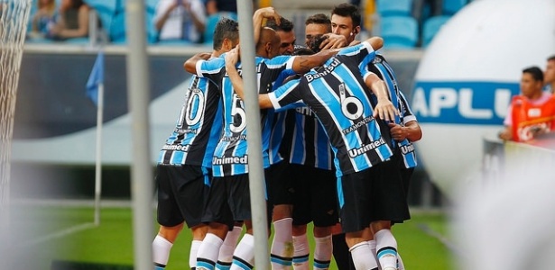 Jogadores do Grêmio comemoram gol contra o Juventude e esperam decisão - Lucas Uebel/Divulgação/Grêmio