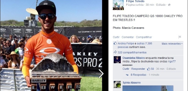 Filipe Toledo com o troféu de campeão do WQS de Trestles, Califórnia, nos EUA - Reprodução/Facebook