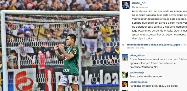 Dudu pediu desculpas pela expulsão contra o Santos no Instagram - Reprodução/Instragram