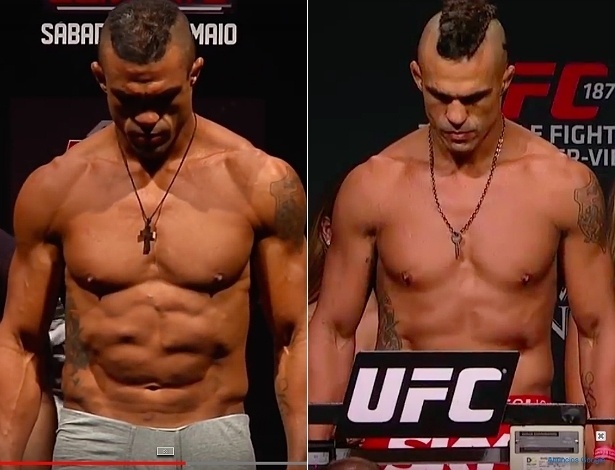 Compare as pesagens de Vitor Belfort contra Rockhold (esq) e contra Weidman (dir) - ambas no peso médio - Getty Images e Reprodução