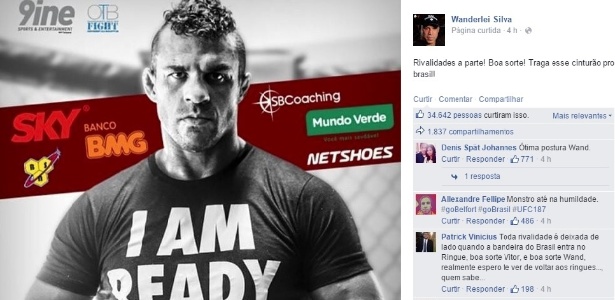 Wanderlei Silva compartilhou mensagem de apoio a Belfort em rede social - Reprodução/Facebook