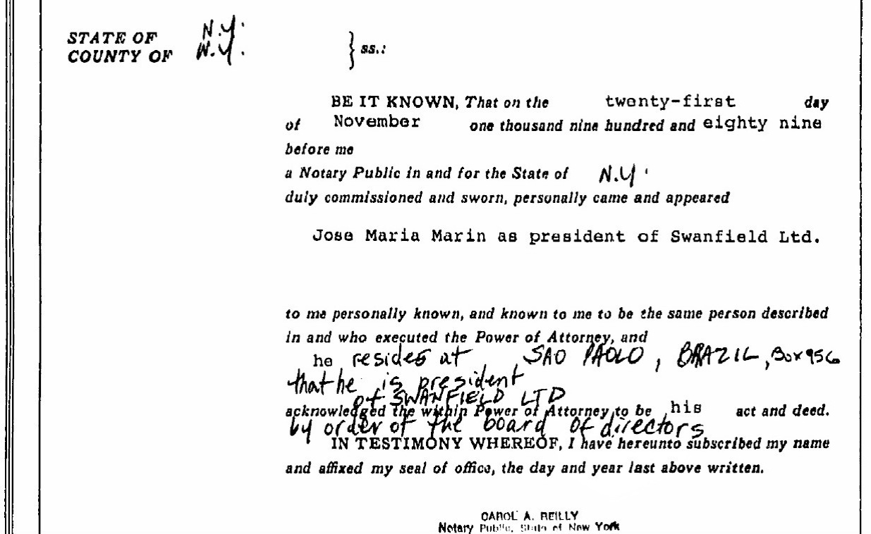 11.jun.2015 - Documento mostra que José Maria Marin era presidente da Swanfield Ltd., empresa sediada nas Ilhas Virgens Britânicas, que comprou em 1989 um apartamento na Trump Tower. Brasileiro nunca declarou imóvel ao Banco Central. - Reprodução