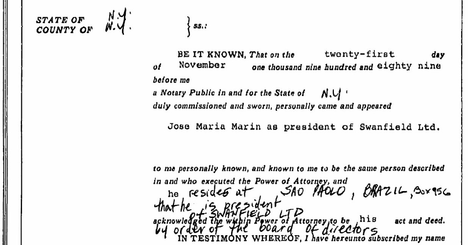 11.jun.2015 - Documento mostra que José Maria Marin era presidente da Swanfield Ltd., empresa sediada nas Ilhas Virgens Britânicas, que comprou em 1989 um apartamento na Trump Tower. Brasileiro nunca declarou imóvel ao Banco Central.