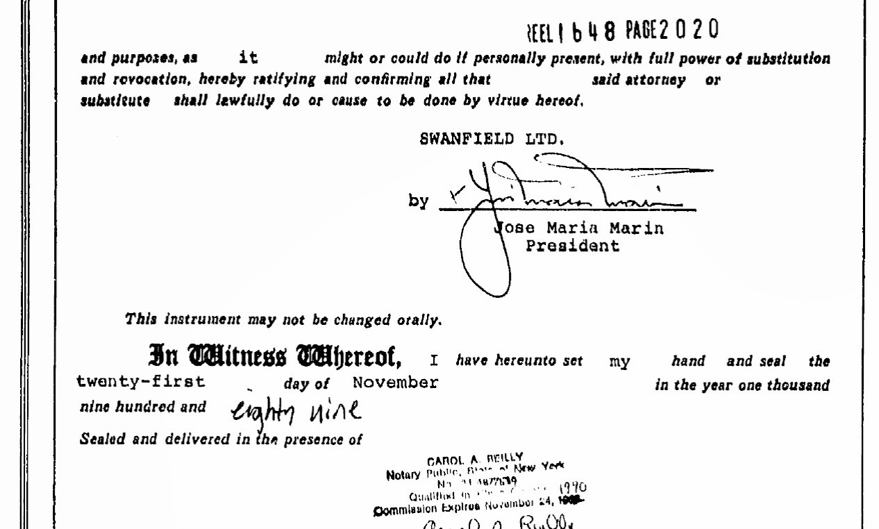11.jun.2015 - Documento mostra que José Maria Marin era presidente da Swanfield Ltd., empresa sediada nas Ilhas Virgens Britânicas, que comprou em 1989 um apartamento na Trump Tower. Brasileiro nunca declarou imóvel ao Banco Central. - Reprodução