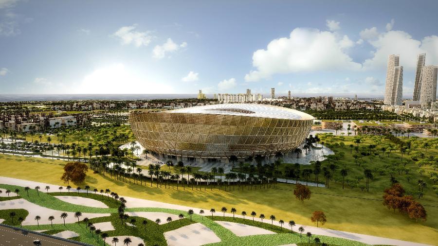 O estádio Icônico de Lusail, palco da final da Copa de 2022, com capacidade para 80 mil pessoas, está sendo construído junto com uma nova cidade inteira, a 20 km de Doha - Divulgação/Fifa
