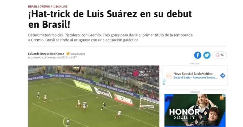 Jornal As, da Espanha, destacou a estreia de Luis Suárez pelo Grêmio com 'atuação galática'