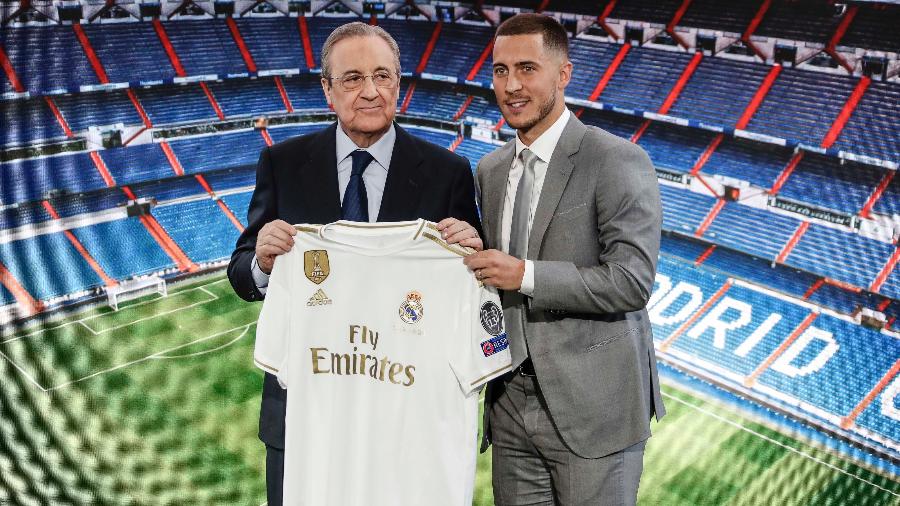 Hazard é apresentado pelo presidente do Real Madrid, Florentino Pérez - Leonardo Prieto/Action Plus/Getty Images