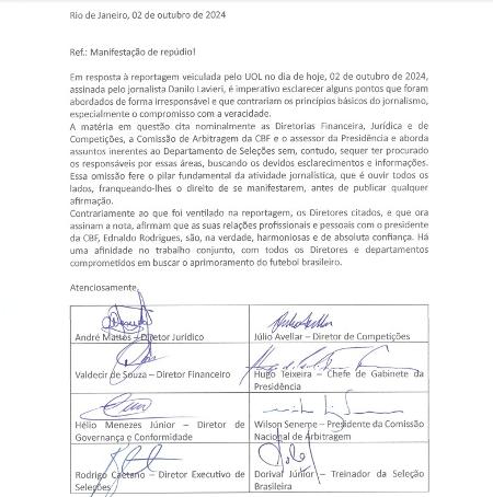 Documento enviado pelos diretores da CBF para negar crise com Ednaldo