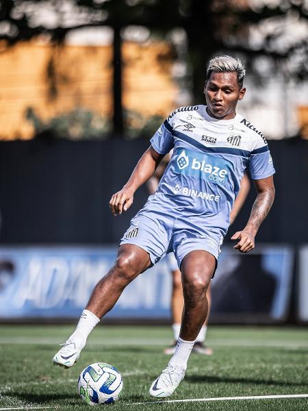 Alfredo Morelos, do Santos, em treino no CT Rei Pelé