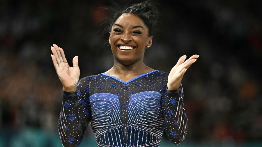 Ginasta Simone Biles na final do individual geral nas Olimpíadas 2024