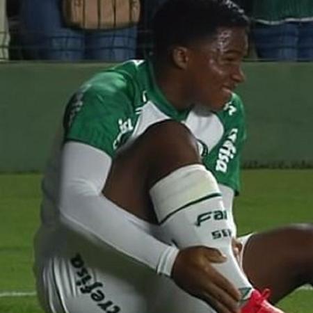 Endrick ficou caído no gramado durante o aquecimento do Palmeiras antes do jogo contra o Goiás - Reprodução