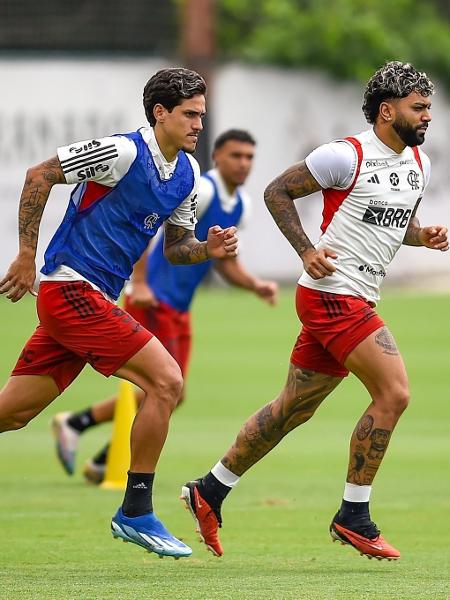 Gabigol e Pedro durante treino do Flamengo no Ninho do Urubu - Marcelo Cortes /CRF