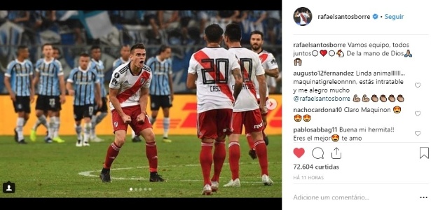 Rafael Borré brinca sobre gol que fez sobre o Grêmio: "Mão de Deus"" - Reprodução/Instagram