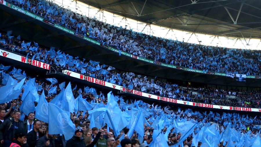 Torcedores do Manchester City em Wembley; clube está nas quartas de finais da competição - Chloe Knott - Danehouse/Getty Images