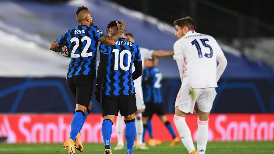 Lautaro Martínez comemora gol da Inter contra o Real Madrid na Liga dos Campeões - Inter via Getty Images