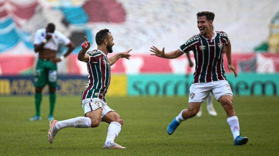 Yago Felipe comemora o golaço que marcou pelo Fluminense sobre a Portuguesa nas semifinais do Carioca - LUCAS MERÇON / FLUMINENSE F.C