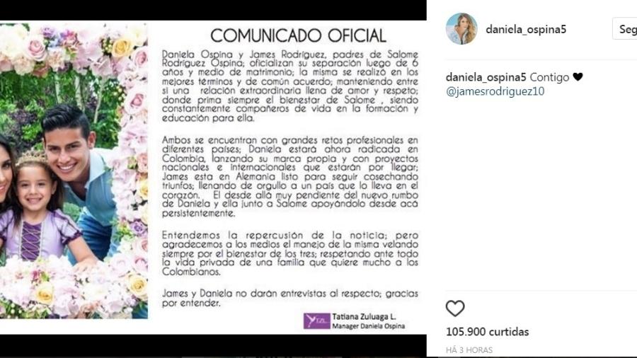 Daniela Ospina e James Rodriguez anunciam a separação  - Reprodução/Instagram 
