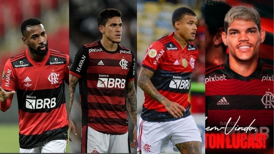 Gerson, Pedro, Kenedy e Ayrton Lucas foram revelados pelo Fluminense e defenderam o Flamengo - Colagem de fotos de Thiago Ribeiro/AGIF; Thiago Ribeiro/AGIF, Marcelo Cortes / Flamengo e reprodução