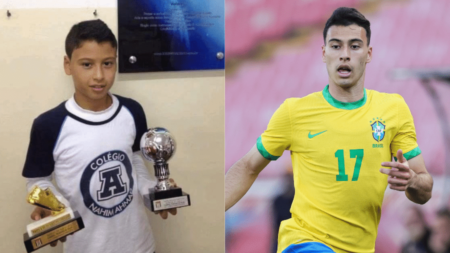 Gabriel Martinelli com premiações na infância e depois, defendendo a seleção - Arquivo pessoal; Divulgação